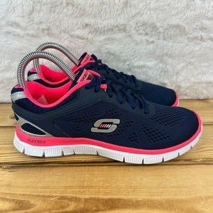 Skechers Womens Size 6.5 Skech Knit Shoes Blue Pink Mesh Foam Flex Sole Sneakers